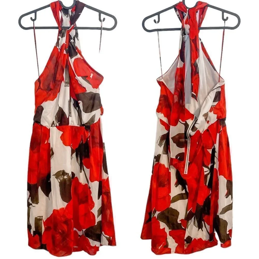 Alice + Olivia Halter Twist Neck Mini Dress Red Floral L - Picture 5 of 7